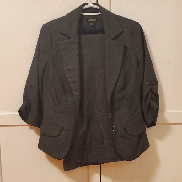 Blazer & pant suit set Grey plaid w ruched details - Picture 1 of 2